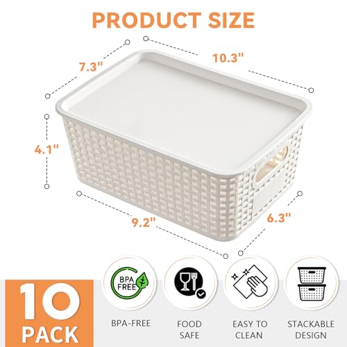 10 Pack Small Plastic Storage Bins with Lids, Stackable Plastic Storage Baskets for Organizing with Handles, Organizer Bins with Labels for Room, Craft, Containers for Pantry Organizers and Storage