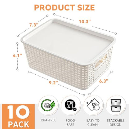 10 Pack Small Plastic Storage Bins with Lids, Stackable Plastic Storage Baskets for Organizing with Handles, Organizer Bins with Labels for Room, Craft, Containers for Pantry Organizers and Storage