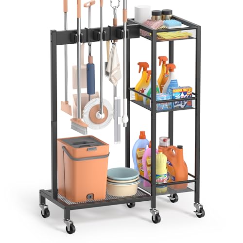 Broom Holder with Cleaning Supplies Organizer, Bro... (Black | Metal)