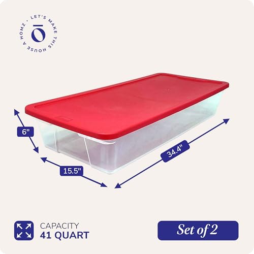 HOMZ 2-Pack Holiday Tote, Clear Plastic Storage Organizer Bins with Lids, 41 Quart, Red - Stackable Organizing Containers for Christmas Ornament Decorations, Gift Wraps, and Crafts