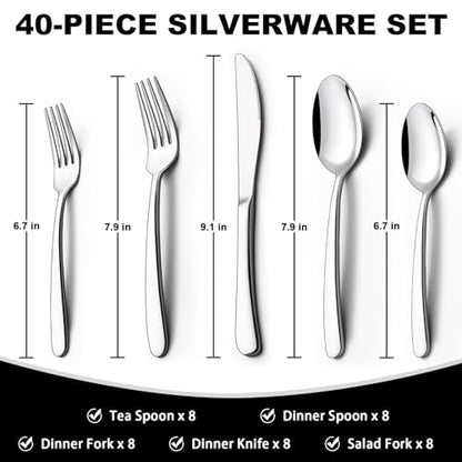 40-Piece Silverware Set with Organizer, EWFEN Heavy Duty Stainless Steel Flatware Set for 8, Food-Grade Tableware Cutlery Set, Utensil Sets for Home Restaurant, Mirror Finish, Dishwasher Safe