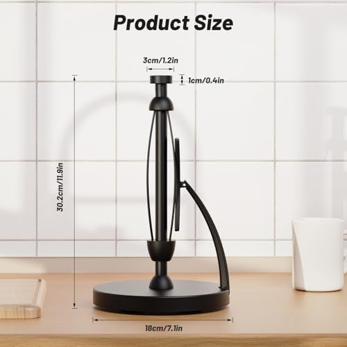 VEHHE Paper Towel Holder Countertop, Black Paper Towel Holder with Spring Activated Arm and Damping Effect, Simply Tear Paper Towel Stand for Bathroom and Kitchen (Black)
