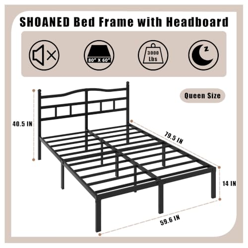 14 Inch Metal Bed Frame - Queen Size Heavy Duty Bedframe with Headboard Black Basic Steel Slats Platform No Box Spring Needed/Easy Assembly/Noise Free