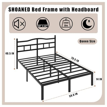 14 Inch Metal Bed Frame - Queen Size Heavy Duty Bedframe with Headboard Black Basic Steel Slats Platform No Box Spring Needed/Easy Assembly/Noise Free