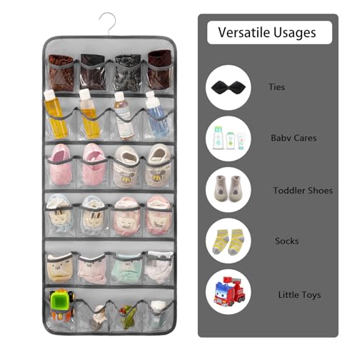 Dual-sided Baby Shoe Organizer Closet Hanging Toddler Shoes Storage for Kids Bow Socks Underwear Holder with 48 Clear Pockets (Grey)