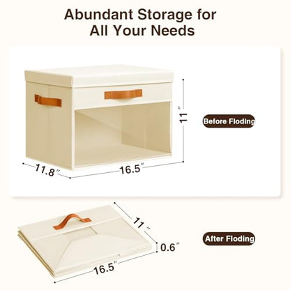 Large Storage Bins with Lids - 4 Pack Foldable Decorative Organizers with Clear Windows & Handles, Cube Storage Organizers for Clothes, Blankets, Sweaters, Sheets, Beige