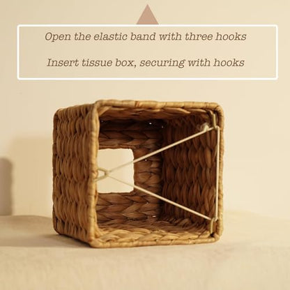 Water Hyacinth Handwoven Tissue Box Cover, Natural Handmade Wicker Napkin Box Holder, Handcrafted Square Facial Tissue, Rustic Decorative on Table and Bathroom, Office, Boho Decorative