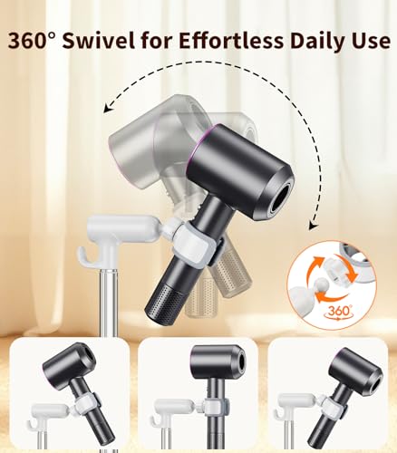 Hair Dryer Stand Holder Hands Free, 360° Blow Dryer Holder | With Anti-Slip Stable Base, Aluminum Alloy, Adjustable Height 17-51 Inch for Bathroom & Pet Grooming & Salon（White）