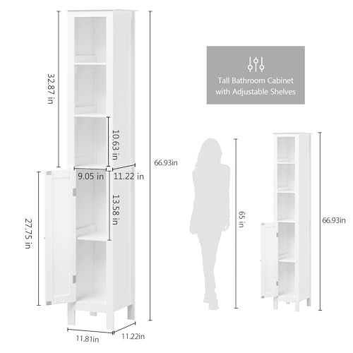 11.81'' Wide Narrow Bathroom Storage Cabinet-Slim Tall Bathroom Storage Cabinet with Adjustable Shelves，Bathroom Floor Storage Cabinet for Home, Small Spaces, Bathroom, Kitchen, Living Room, White