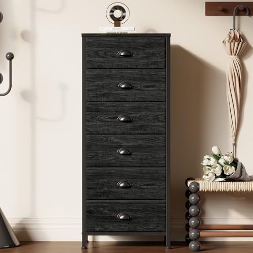 Black Dresser for Bedroom, Tall Fabric Chest of Drawers | Bedroom Dresser with 6 Fabric Bins, Vertical Storage Drawer for Dorm, Organizer in Closet, Living Room, Wood Top, Metal Frame