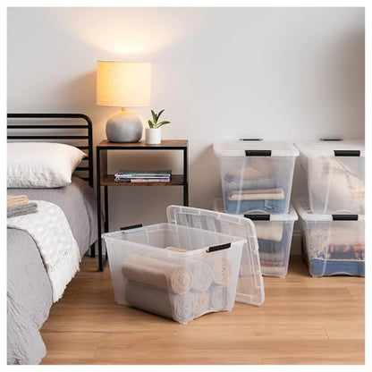 IRIS USA 6-Pack 54 Quart Storage Bins with Lids, Clear | Transparent design makes contents easy to find. Perfect for moving, blankets, clothing, and garage storage. Nestable design