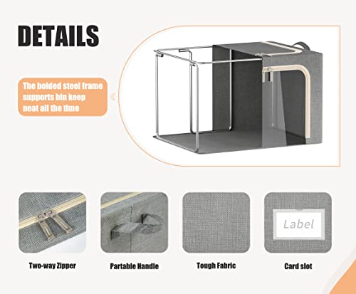 3 Openings Clothes Storage Bins with Metal Frame, Foldable Storage Bin for Clothes, Clothing Storage Bins with Lid, Linen Storage Box With Clear Window＆ Zippers＆ Durable Handles.(3 Pcs,Light Grey,40L)