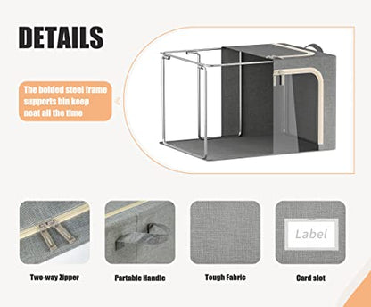 3 Openings Clothes Storage Bins with Metal Frame, Foldable Storage Bin for Clothes, Clothing Storage Bins with Lid, Linen Storage Box With Clear Window＆ Zippers＆ Durable Handles.(3 Pcs,Light Grey,40L)