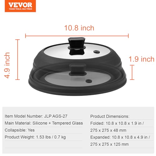 VEVOR Microwave Splatter Cover & Mat, 10.8" Collapsible Microwave Lid for Food, 500°F Heat-Resistant Silicone & Tempered Glass Splatter Guard for Plate Dish, Multi-Purpose Kitchen Gadget with Handle