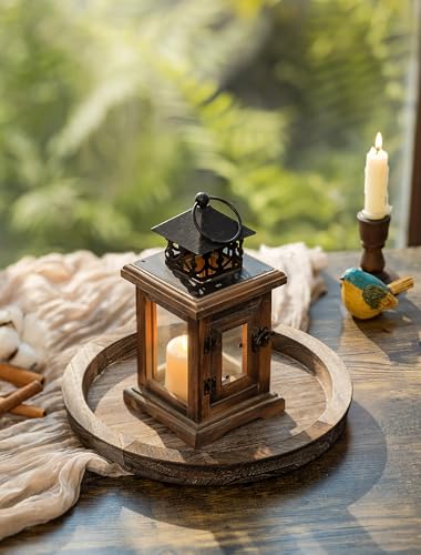 Hanobe Round Wooden Candle Holder Trays for Coffee Table, Distressed Finish | 11.2" Rustic Decorative Candlestick Plates for Kitchen Centerpiece, Farmhouse Living Room Fall Decor