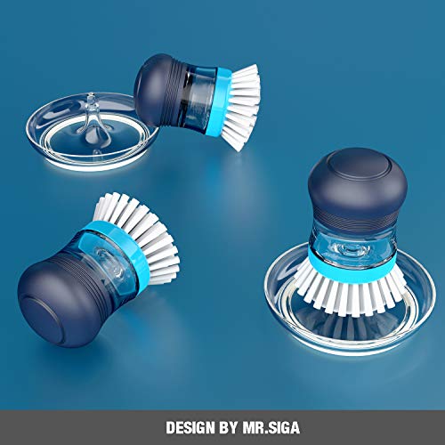 MR.SIGA Soap Dispensing Palm Brush Storage Set, 1 Pack, Navy/Blue | Dish brush with soap dispenser, palm scrubber, palm scrub brush, ideal for kitchen and dishes cleaning