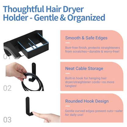 Hair Dryer Holder Wall Mounted, Hair Tool Organizer Wall Mount for Bathroom, Stainless Steel Hair Dryer Holder, Blow Dryer Holder Adhesive/Drilling Hair Dryer and Straightener Holder Black UEMUSI