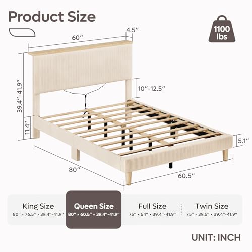 Bestier Queen Bed Frame with Storage Headboard & LED, Upholstered, Beige