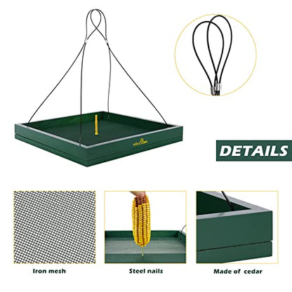 Bird Feeder Hanging Tray, Bird Feeders for Outdoors, Wooden Seed Tray Platform Mesh Seed Platform for Garden Yard Outside Decoration Attracting for Wild Birds (Green-1pk)