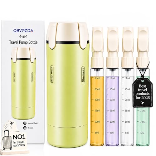 4 in 1 Travel Dispenser Bottle Essentials Camping Toiletries Pump TSA Approved Leak Proof Size Portable Containers Refillable for Shampoo Lotion Creams Body Wash Conditioner Attached Label (Green)