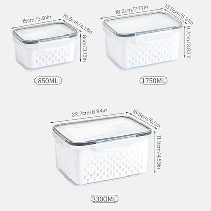 3 Pack Fruit Storage Containers for Fridge with Removable Colander – Airtight Produce Storage Containers with Lids, BPA-Free Berry Keeper for Vegetables, Lettuce & Meal Prep (29oz+59oz+112oz)