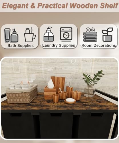 10 x 3 Gal Large Laundry Hamper, Rustic Brown and Black | Freestanding Clothes Basket Organizer with 3 Pull-Out & Removable Sorter Bags for Clothing or Toys in Bathroom & Living Room