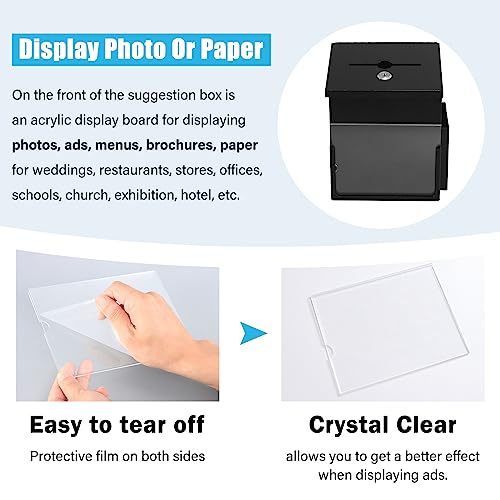Suggestion Box with Key Lock Acrylic Sign Holder, Metal Donation Ballot Drop Box with Slot Tip Jar for Office, Fundraising, Church, School,8.9''x7.1''x6.3'', Black