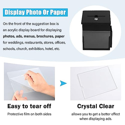 Suggestion Box with Key Lock Acrylic Sign Holder, Metal Donation Ballot Drop Box with Slot Tip Jar for Office, Fundraising, Church, School,8.9''x7.1''x6.3'', Black