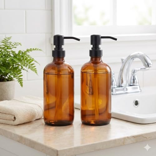 2 Pack Thick Amber Glass Pint Jar Soap Dispenser with Matte Black Stainless Steel Pump, 16ounce Boston Round Bottles Dispenser with Rustproof Pump for Essential Oil, Lotion Soap | Stainless Steel Pumps, Refillable Bottles, For Kitchen & Bathroom