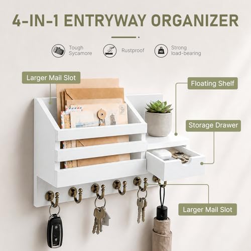 FifthQuarter Key Holder Wall Mount with Drawer and 6 Sturdy Hooks | Wooden Entryway Organizer and Decorative, Easy Installation