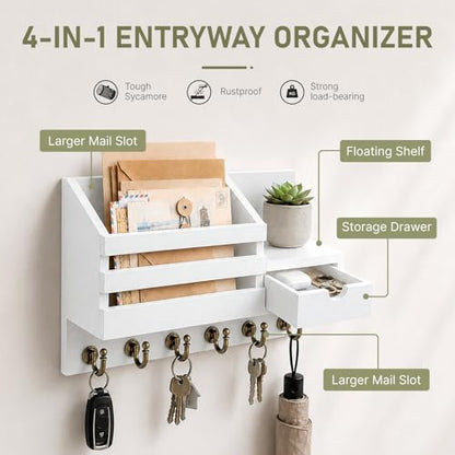 FifthQuarter Key Holder Wall Mount with Drawer and 6 Sturdy Hooks | Wooden Entryway Organizer and Decorative, Easy Installation