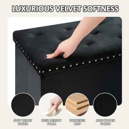Black Storage Ottoman Bench for Bedroom, Folding Velvet Chest with Benches Foot Rest Stool, Large Long Shoes Chest for Bedroom, Living Room, 43.3"x15.7"x15.7"