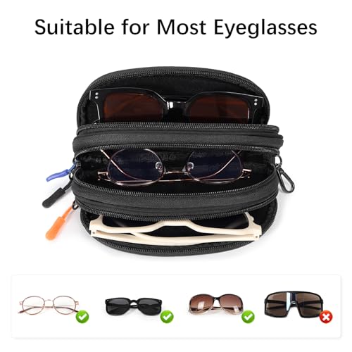 Eyeglasses Case for 3 Pairs, Multi Sunglasses Travel Organizer Pouch with Keychain Clip Zipper Closure for Men Women