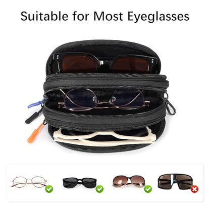 Eyeglasses Case for 3 Pairs, Multi Sunglasses Travel Organizer Pouch with Keychain Clip Zipper Closure for Men Women