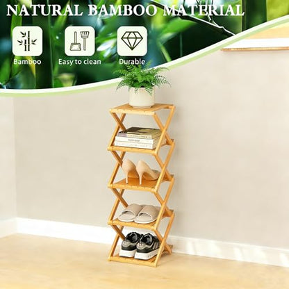 Bamboo Shoe Rack - No Assembly Required, Tall Narrow Foldable Shoe Organizer, Space-Saving Multifunctional Shelf for Entryways, Corners, Bedrooms, Balconies, 4 Layer(Reinforced and Thickened)
