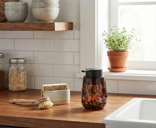 Marble Glass Liquid Soap/Lotion/Hand Sanitizer Pump Dispenser, Refillable for Kitchen and Bathroom Countertop (Amber)