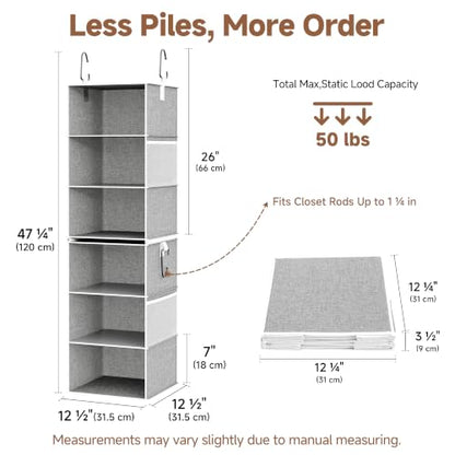 StorageWorks 6-Shelf Closet Organizers, Two 3-Shelf Separable Hanging Shelves for Close, 12 1⁄2" D x 12 1⁄2" W x 47 ¼" H, Canvas, Gray