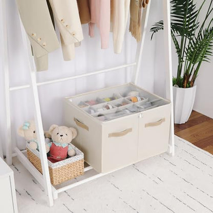 Shoe Organizer for Closet, Foldable Shoe Box with Adjustable Dividers and Clear Cover, Space Saving Shoe Storage Organizer Cabinet with Reinforced Handles, Fits 16 Pairs, Beige TP09Y