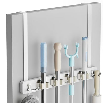 Lorbro Broom Holder Door Mount, Wood Over the Door Broom and Mop Holder | 4 Slots 4 Hooks, No Drill Setup, EVA Protection Pads, Secure Grip, Laundry Garage Closet Kitchen Use, White