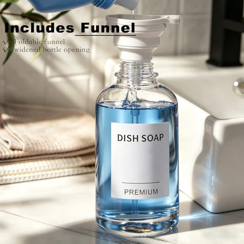 Dish Soap Dispenser for Kitchen, Hand Glass Soap Dispenser Set with Pump, Tray, Funnel for Bathroom, Shower, Laundry, Liquid, Lotion (Gold 2 Pack 18 Oz Clear Bottles with 12 Stickers)