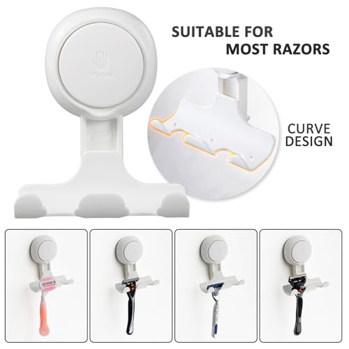 Razor Holder for Shower 2 Pack, Powerful Suction Cup Shower Hooks for Towel, Loofah, Razor, Squeegee, Damage-Free Wall Hooks, Shaver Holder for Bathroom, Easy to Install and Reuse, White