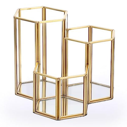 Hipiwe Glass Makeup Brush Holder 3 Slot Gold Desktop Pen Pencil Pot Cup | Mirrored Cosmetics Brush Organizer, Office Desk Storage Holder Vintage Decorative Makeup Storage Box, Large