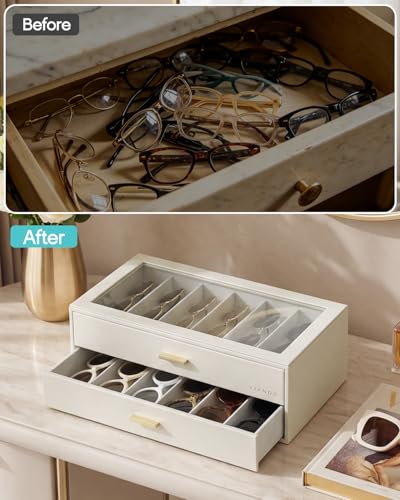 VLANDO 12-Slot Sunglasses Organizer Case with Clear Lid & 2 Drawers,Beige | PU Leather,Velvet Lining,Large Capacity Eyeglass Organizer for Vanity,Dresser,Closet,Bedroom,Gift for Eyewear Lovers