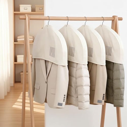 Orynthic 4 Pack Cotton Linen Shoulder Covers, Breathable Garment Cover with Clear Pocket for Hanging Clothes, Suits, Jackets