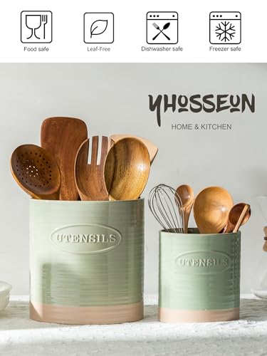 YHOSSEUN Kitchen Utensil Holder Set of 2, Utensil Crock for Countertop | 6.7"+5.1" Cooking Utensil Holder for Kitchen Counter, Oval Utensil Storage Organizer Farmhouse Kitchen Decor, Two-Tone, Green
