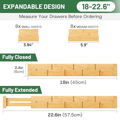 kiplant Kitchen Drawer Dividers - Adjustable Drawer Organizer for Clothes, Kitchen, Closet & Office - 8 Pack with Inserts, 18-22.6 Inches, Non-Slip Silicone Ends