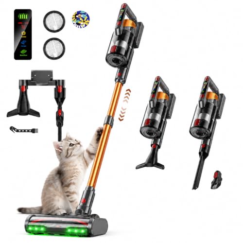 TechRise Cordless Vacuum Cleaner 650W 55KPa with Green Headlight | 70-Min Runtime, Anti-Tangle Brush, 8-in-1 Filter,LED Display,Handheld Design for Pet Hair, Carpet, Hard Floor and Home