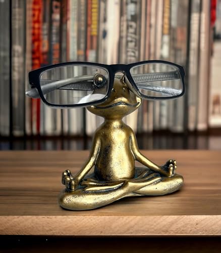 Top Brass Yoga Frog Eyeglass Holder – Whimsical Reading Glasses Sunglass Stand – Funny Desk Nightstand Keeper Rack Display – Meditating Zen Lotus Pose Figurine