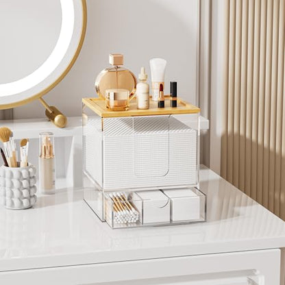 VITVITI Disposable Face Towel Holder for Clean Skin Club, Acrylic Bamboo Facial Towel Holder Box with Drawer, 50 XL Face Towels Container for Bathroom Vanity Makeup, Clear