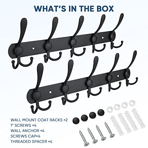 TICONN Wall Mounted Coat Rack, Five Heavy Duty Tri Hooks All Metal Construction for Jacket Coat Hat in Mudroom Entryway (Matte Black, 2-Pack)
